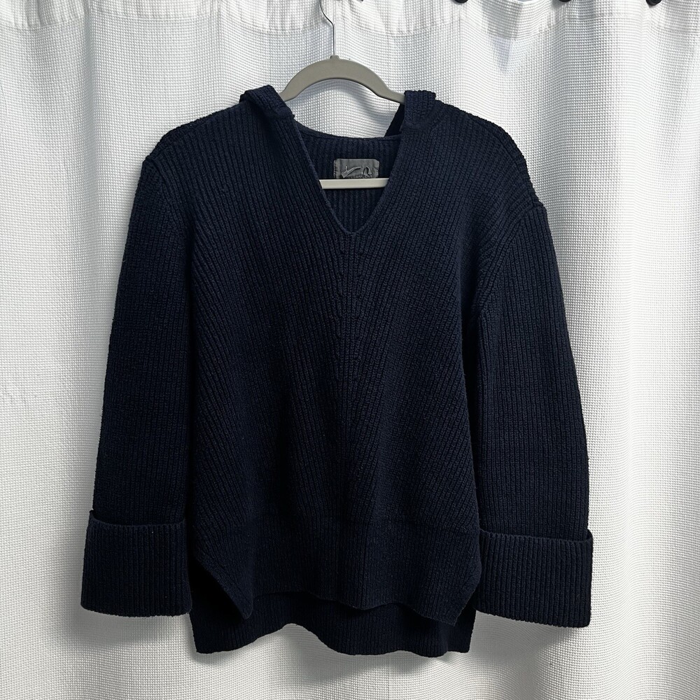 Anthropologie Women’s Blue Chunky Rib Knit Y2K Hooded Sweater Slouchy Grunge